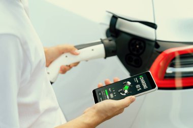 EV 'yi şarj etmek için elektrikli araca EV şarj prizi tak, akıllı telefon EV uygulamasında pil durumu görüntüsü. Ulaşım için alternatif temiz ve sürdürülebilir enerji. Kalıcı