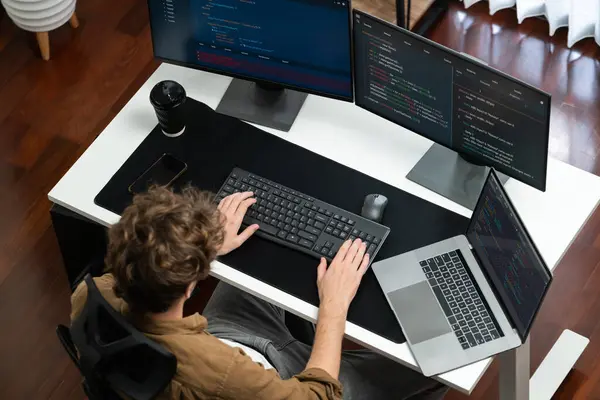 Developer Working Online Software Development Monitors Top View Modern Home — Stock Photo, Image