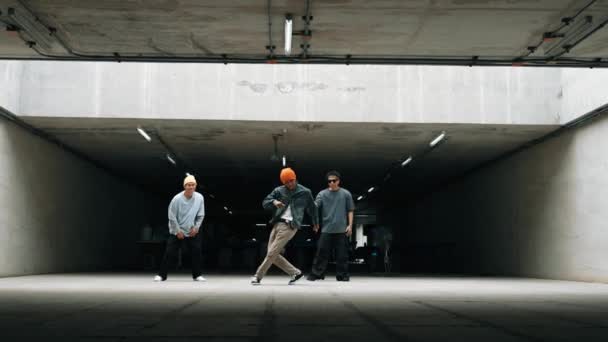 Grupul Hipster Care Face Poziție Înghețată Timp Echipa Dansatori Dansează — Videoclip de stoc