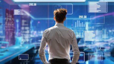 Finansal danışman veya tüccar BI ticari istihbarat veri tablosu ve grafik gösterge paneli ile çalışarak pazarlama stratejisi araştırması için karar veriyor..