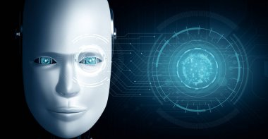 XAI 3D illüstrasyon robotu insansı yüzü, 4. endüstriyel devrim için yapay zeka ve makine öğrenme süreci olan yapay zeka ve beyin grafiksel konseptini yakından gösteriyor. 3B görüntüleme