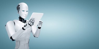 XAI 3D illüstrasyon robot robotu geleceğin ofisinde tablet bilgisayar kullanarak yapay zeka, yapay zeka ve makine öğrenme sürecini kullanarak. 4. Sanayi Devrimi 3 boyutlu