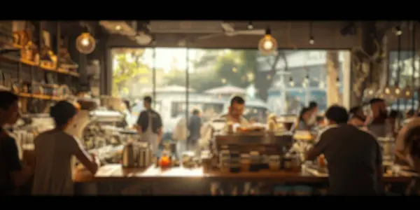 stock image Blurred background of a busy coffee shop with patrons enjoying their drinks and baristas crafting coffee, creating a lively community space. Resplendent.