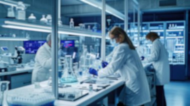 Laboratuvar önlüklü bilim adamlarının modern ve iyi donanımlı bir laboratuvarda araştırma yaparken ki hareketli aktivitelerini gösteren bulanık bir fotoğraf. Saygıdeğer.