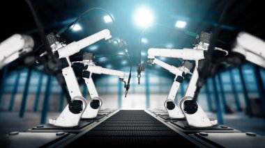 XAI Mekanize Endüstri Robot Kolu fabrika üretim hattına monte edilecek. Sanayi devrimi ve otomasyon üretim süreci için yapay zeka kavramı.