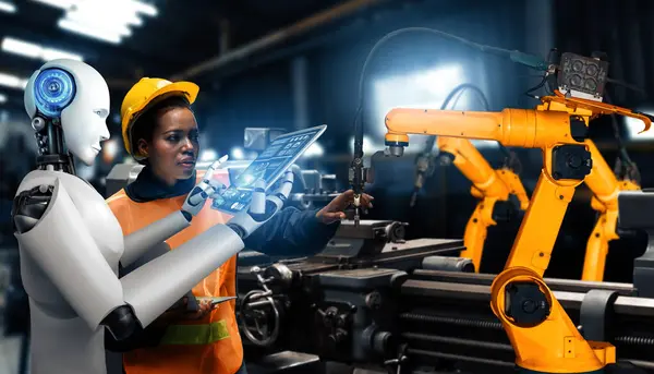 Xai Mechanisierter Industrieroboter Und Menschlicher Arbeiter Arbeiten Der Zukünftigen Fabrik — Stockfoto