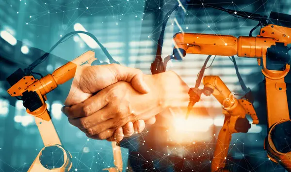 Xai機械化された業界ロボットアームとビジネスハンドシェイクダブル露出 将来の工場における産業革命とオートメーションプロセスのための人工知能の成功合意の概念 — ストック写真