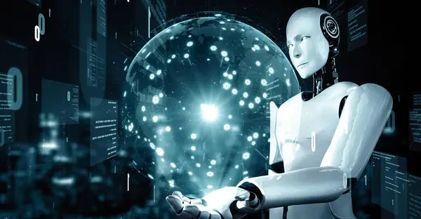 Xai 3D演示了面向未来的机器人人工智能Huminoid Ai编程技术的发展和机器学习的概念 机器人仿生科学研究对人类未来的影响 — 图库照片