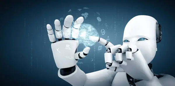 Xai 3D演示了在第四次工业革命中 机器人人形在人工智能思维大脑 人工智能和机器学习过程的概念中持有Hud全息图屏幕 — 图库照片