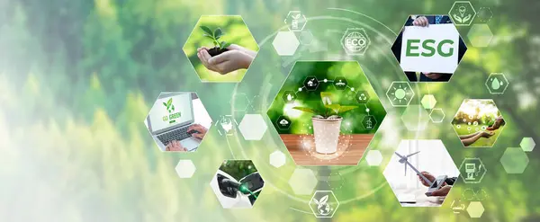 stock image Green business ESG management tool to save world future concept model case idea to deal with bio carbon waste cycle data for better day of city life while building jobs, money, LCA tax and profit .