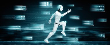 XAI 3D illüstrasyon. Hızlı hareket eden robot insanımsı robot, yapay zeka ve yapay zeka geliştirme kavramının gelecekte geliştirilmesi için gerekli enerjiyi makine öğrenmesiyle gösteriyor.