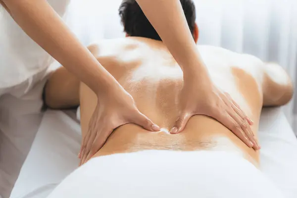 Caucasian Man Customer Enjoying Relaxing Stress Spa Massage Pampering Beauty — Stock Photo, Image