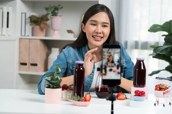Smiling Young Beautiful Asian Reviewing Tasty Mixed Strawberry Cherry Juice — Stock Photo, Image
