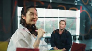 Genç kendine güvenen iş kadını projeyi uzman yatırımcıya sundu. Profesyonel proje yöneticisi başlangıç projesini açıklamak için yapışkan notlar kullanır, beyin fırtınası fikirlerini yatırımcıya paylaşır. Yönlendirici.