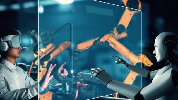 미래의 공장에서 일하는 Xai Cybernated 산업용 로봇과 작업자 자동화 프로세스를 — 비디오