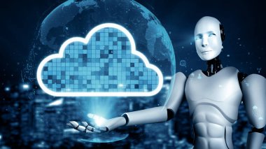 XAI 3d illüstrasyon yapay zeka robot robotu internet sunucusunda veri depolamak için bulut hesaplama teknolojisi kullanır. Makine öğrenme süreciyle analiz edilen gelecekteki bulut bilgi depolama kavramı. 3B görüntüleme