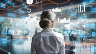 Finansal danışman veya tüccar BI ticari istihbarat veri tablosu ve grafik gösterge paneli ile çalışarak pazarlama stratejisi araştırması için karar veriyor..