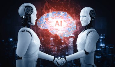 XAI 3d illustration humanoid robot handshake to collaborate future technology development by AI thinking brain, artificial intelligence and machine learning process for 4th industrial revolution. clipart