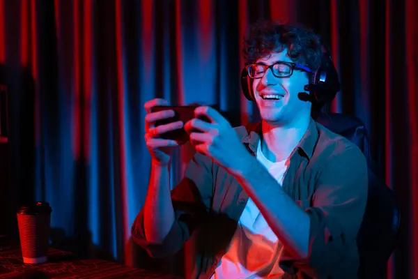 Smiling Young Gaming Streamer Team Playing Esport Online Smartphone Fighting — Stock Photo, Image