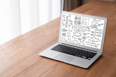 Bilgisayar ekranında bilim ve eğitim kavramını gösteren matematiksel denklemler ve modem formülü