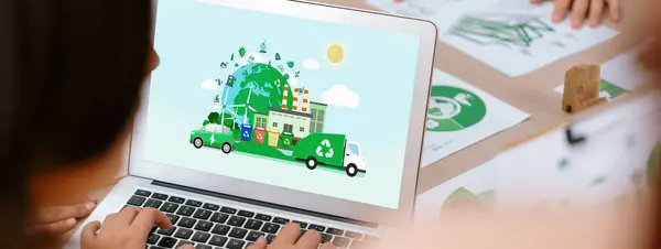 Зелене Місто Управління Відходами Ілюструють Відображення Ноутбуці Бізнес Команда Представляє — стокове фото