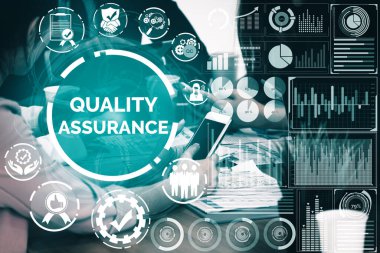 Quality Assurance and Quality Control Concept - Modern graphic interface showing certified standard process, product warranty and quality improvement technology for satisfaction of customer. uds clipart