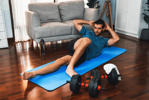 Athletic Sporty Man Doing Crunch Fitness Mat Home Body Workout — Stock Photo, Image
