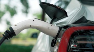 EV elektrikli araç EV şarj istasyonu ulusal park veya açık hava orman manzaralı. Çevre dostu EV arabalarla yaz ormanlarında doğal koruma. Yükselt