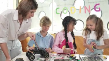 Öğretmen öğrencilere dijital elektrikli aletleri ya da araba modelini öğretir ve açıklar. Çeşitli çocuklar elektronik aletleri öğrenip ana kartı ya da kablolu robot modelini tamir etmeyi öğrenirler. Etkinlik.