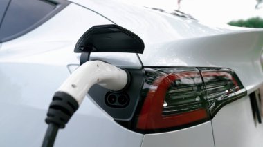 EV elektrikli araç EV şarj istasyonu ulusal park veya açık hava orman manzaralı. Çevre dostu EV arabalarla yaz ormanlarında doğal koruma. Yükselt