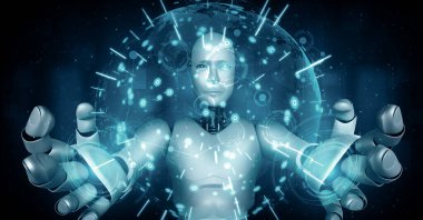 XAI 3d illüstrasyon yapay zeka kullanarak sanal ekran tutan yapay robot yapay zeka ile küresel iletişim ağı kavramını gösteriyor. 3B hazırlama bilgisayarı