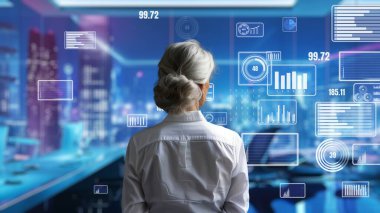 Finansal danışman veya tüccar BI ticari istihbarat veri tablosu ve grafik gösterge paneli ile çalışarak pazarlama stratejisi araştırması için karar veriyor..