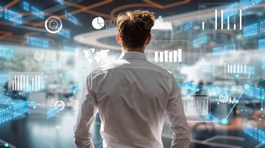 Finansal danışman veya tüccar BI ticari istihbarat veri tablosu ve grafik gösterge paneli ile çalışarak pazarlama stratejisi araştırması için karar veriyor..