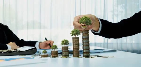 Growth coin stack with tree on top symbolize green business investment on CSR or ESG for environmental protection. Business people doing financial planning to archive net zero sustainability. Shrewd