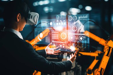 Dijital sanayi ve fabrika robotu teknolojisi için XAI Gelişmiş Robot Kol Sistemi. İnternet ağına bağlı IOT yazılımı kullanarak endüstri mühendisliği tarafından kontrol edilen otomasyon üretim robotu.