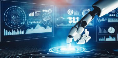 XAI 3D yorumlama fütürist robot teknolojisi geliştirme, yapay zeka yapay zekası ve makine öğrenme konsepti. İnsan hayatının geleceği için küresel robot biyonik bilim araştırması.