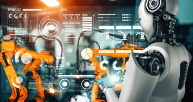 XAI Mekanize Endüstri Robotu ve robot silahları fabrika üretiminde kullanılacak. Sanayi devrimi ve otomasyon üretim süreci için yapay zeka kavramı.