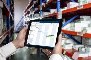 Ekip projesinin zaman çizelgesini gösteren bilgisayar ekranında, modern iş projesi yönetimi için proje planlama yazılımı