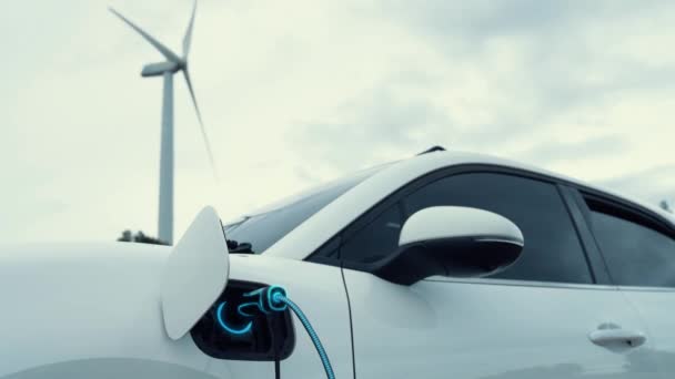 Elektrische Auto Opladen Energie Van Oplaadstation Door Slimme Lader Windturbine — Stockvideo
