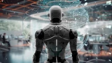 Yapay zeka mühendisliği iş başında. Yapay zeka algoritması pazarlama otomasyonu, teknik analiz, çözüm iletişimi ve hızlı yanıt için. LISP kodlu program ve 3d resimleme öğrenen makine