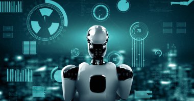 XAI 3d illüstrasyon Futuristik robot yapay zeka insansı yapay zeka endüstriyel fabrika teknolojisi geliştirme ve makine öğrenme konsepti için. İnsanoğlunun geleceği için robotik biyonik bilim araştırması