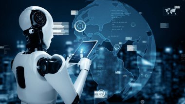 XAI 3D illüstrasyon Gelecek Finansal Teknoloji Kontrolü Yapay Robot Huminoid makine öğrenimi ve yapay zeka kullanarak iş verilerini analiz ediyor ve yatırım ve ticaret hakkında tavsiyelerde bulunuyor