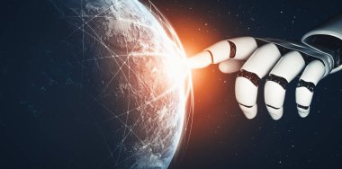 XAI 3D yorumlama fütürist robot teknolojisi geliştirme, yapay zeka yapay zekası ve makine öğrenme konsepti. İnsan hayatının geleceği için küresel robot biyonik bilim araştırması.