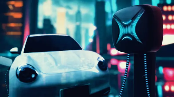 电动汽车插上充电站 在深蓝色未来的网络庞克城市夜间通过电动汽车充电器电缆充电 创新的Ev汽车和能源的可持续性 — 图库照片