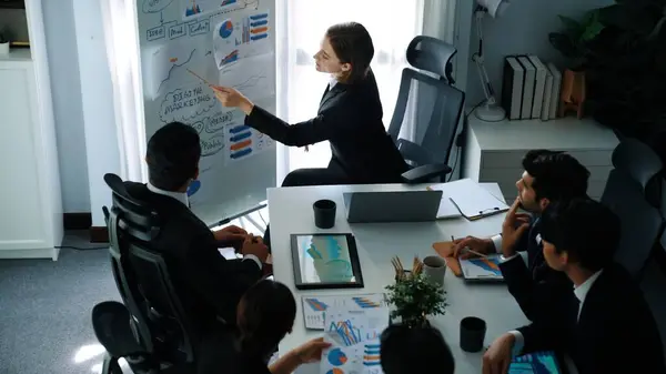 Top view of smart manager project pointing at whiteboard with mind map and financial graph and explain marketing idea while diverse investors listening and analyze stock investment chart. Directorate.