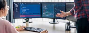 Genç profesyonel web sitesi geliştiricisi ve kooperatif bilgisayar mühendisi ekip modern toplantı odasında program yazma ve kodlama fikri üzerinde kafa yoruyor ve paylaşıyorlar. Takım çalışması konsepti. - Yakın çekim. Filizlenen.
