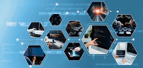 stock image Computer programming, coding and AI artificial intelligence software development engaged by skilled coder and prompt engineer to develop LLM automated AI artificial intelligence virtual assistant NLP