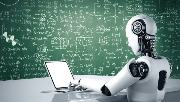 Xai Illustratie Robot Humanoïde Gebruik Laptop Zitten Aan Tafel Voor — Stockfoto