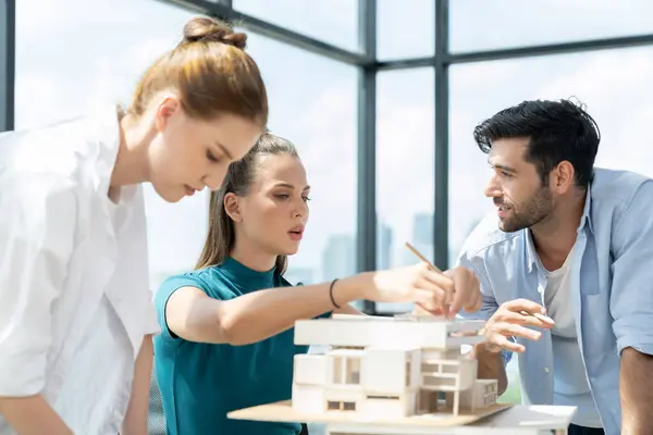 Professional Diverse Architect Engineer Team Working Together Design House Model — Stock Photo, Image