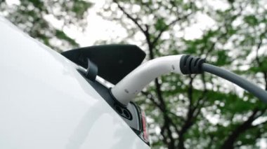 EV elektrikli araç EV şarj istasyonu ulusal park veya açık hava orman manzaralı. Çevre dostu EV arabalarla yaz ormanlarında doğal koruma. Yükselt